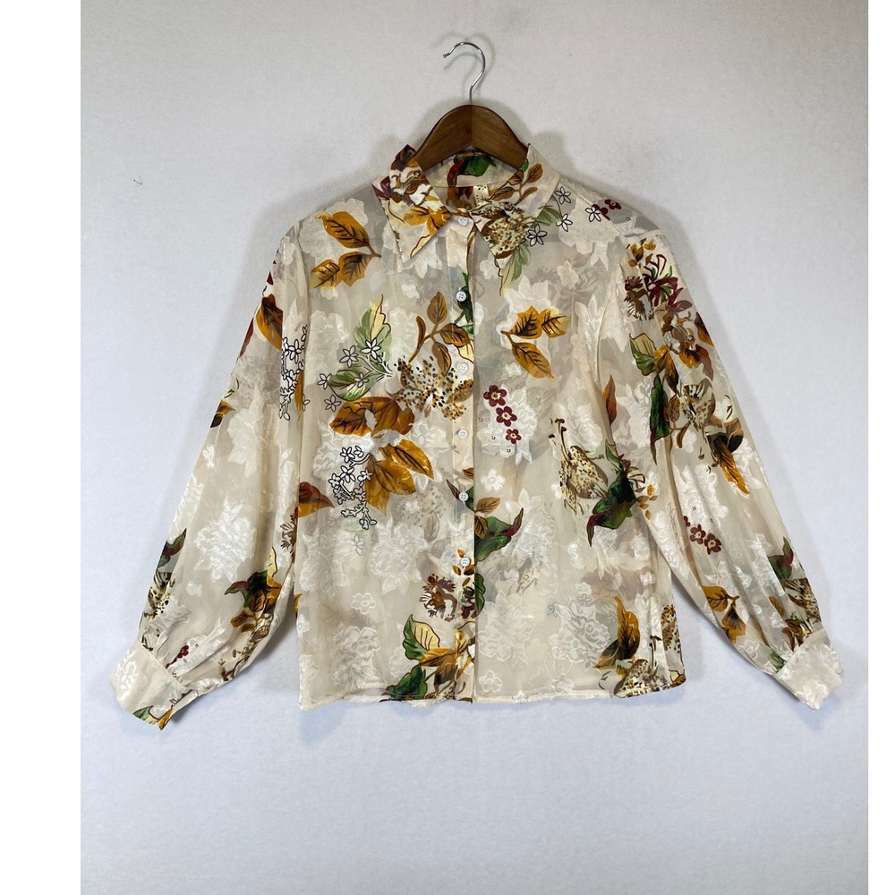 Vintage Aesthetic‎ Korean Label Women Size LG Cream Floral Burnout Sheer Blouse